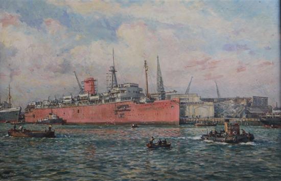 Bernard Gribble (1873-1962) Merchant ship in harbour 19.5 x 29.5in.